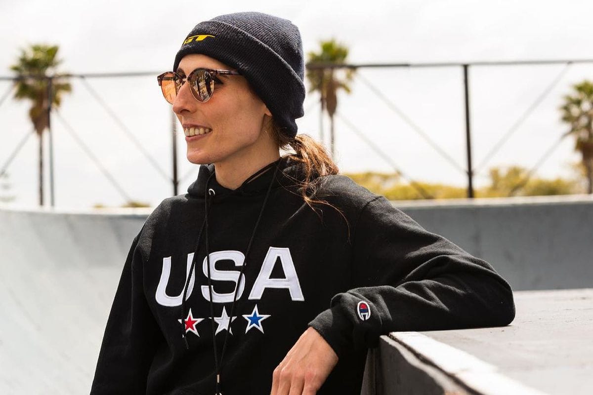 Chelsea Wolfe at the skate park in Team USA hoodie