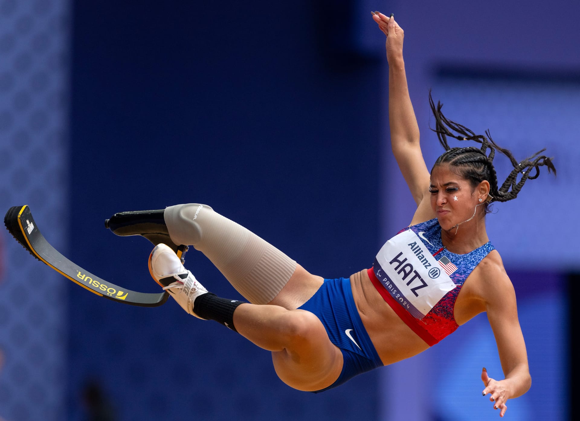 Aug 31, 2024; Paris, France; Beatriz Hatz (USA) competes in the Para Athletics Womenís Long Jump - T64 Final during the Paris 2024 Paralympic Summer Games at Stade de France.