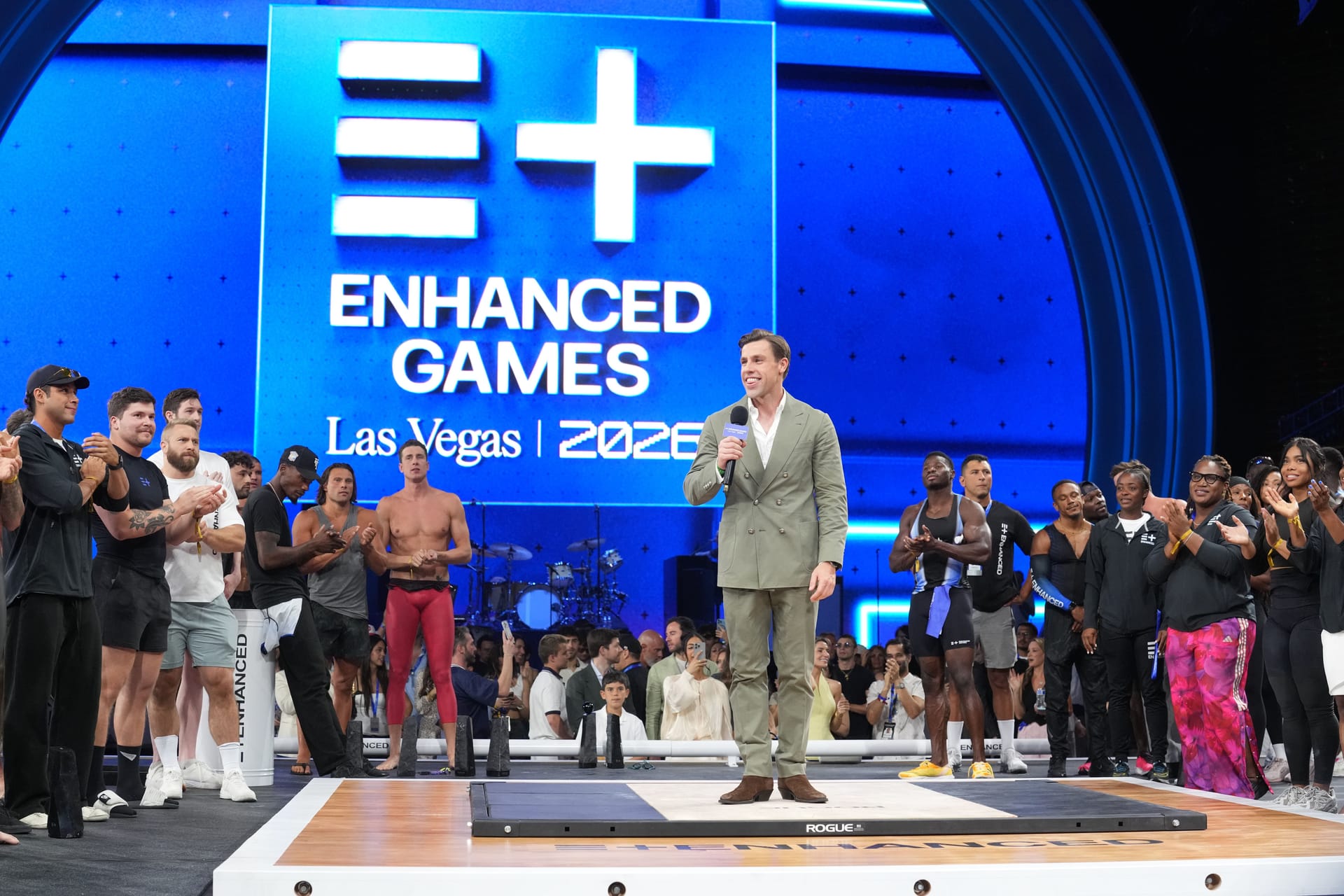 May 24, 2026; Las Vegas, NV, USA; Enhanced co-founder Max Martin speaks during the Enhanced Games at Resorts World Las Vegas. Mandatory Credit: Kirby Lee-Imagn Images