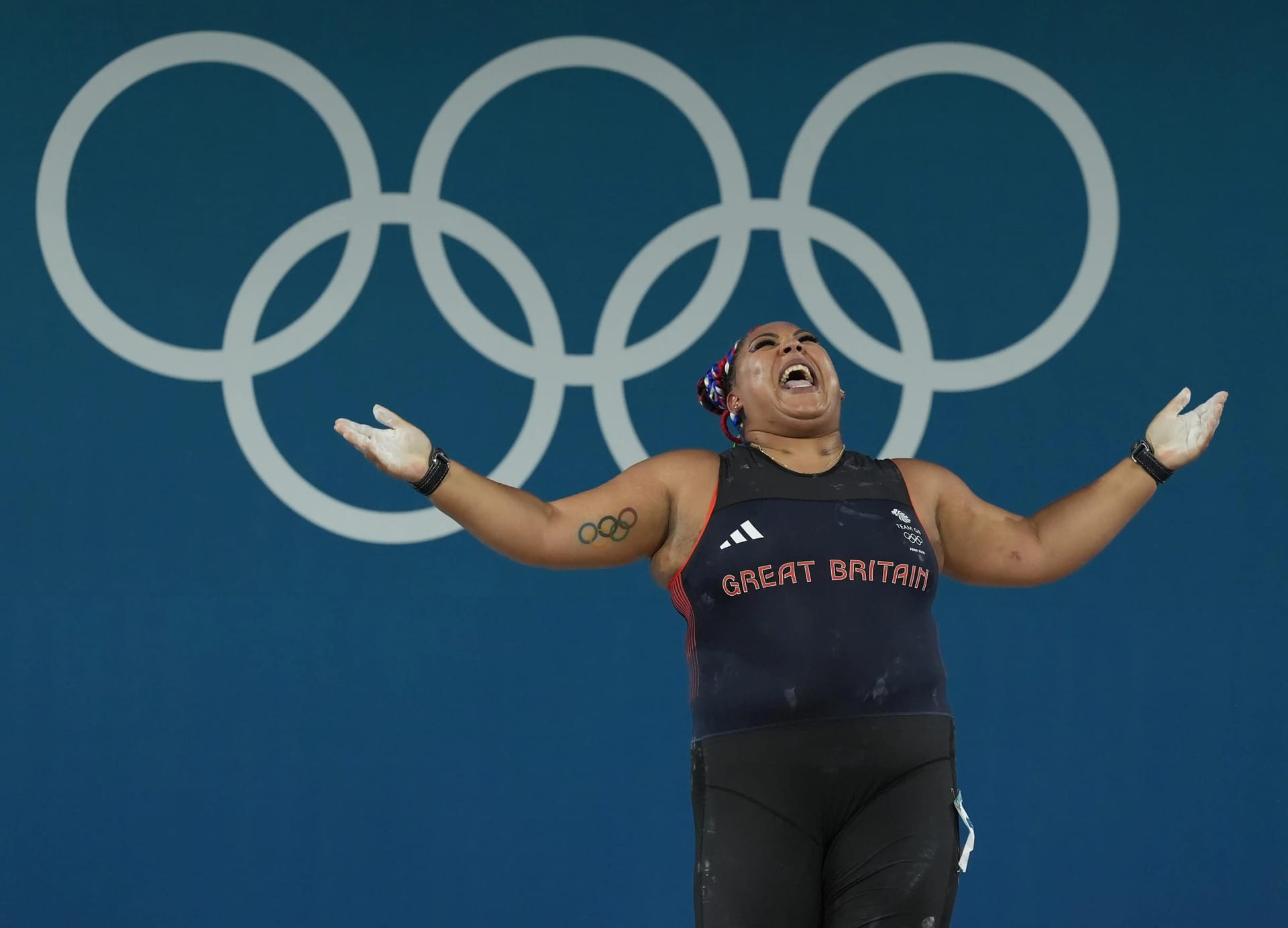Emily Campbell (GBR) reacts in the women's weightlifting +81kg final during the Paris 2024 Olympic Summer Games at South Paris Arena 6.