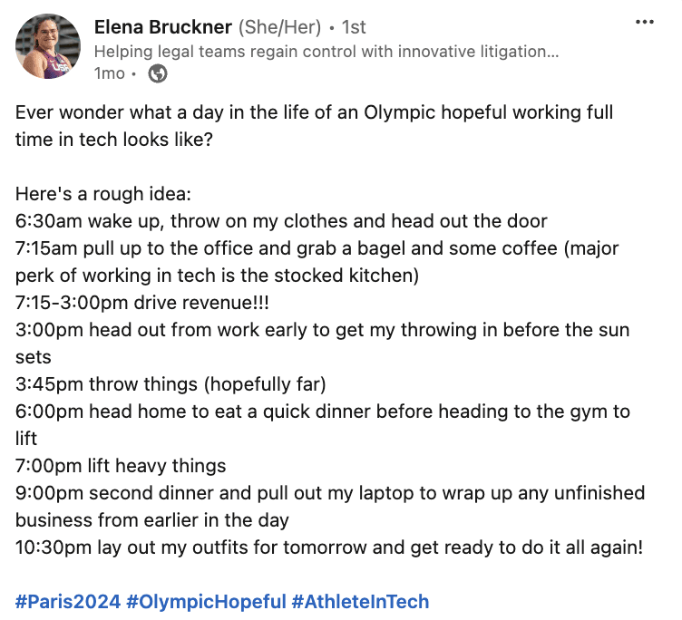 Elena Bruckner LinkedIn post: day in the life of an Olympic hopeful working full time in tech