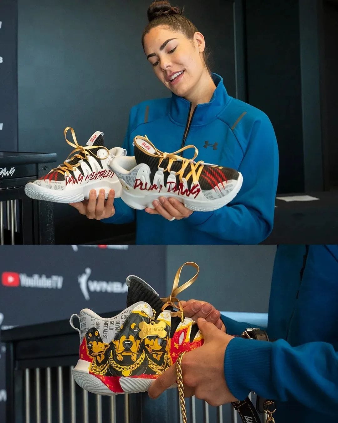 woman holding custom painted sneakers
