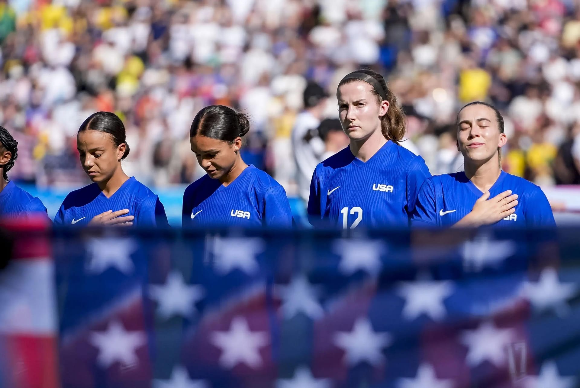 Team USA before the women's soccer gold medal match during the Paris 2024 Olympic Summer Games at Parc des Princes.