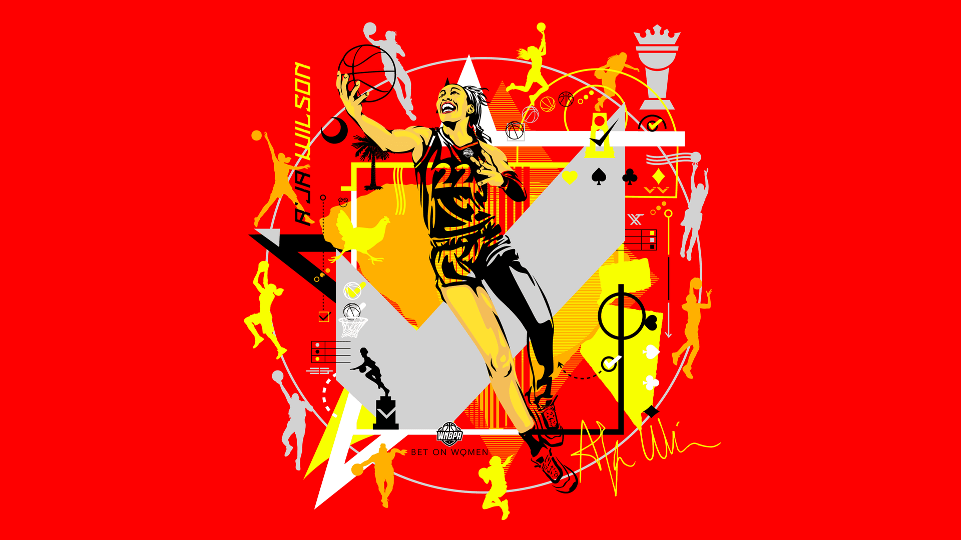 Graphic art collage featuring Aja Wilson playing basketball