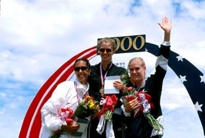 Erin at the winner's podium for high jumping