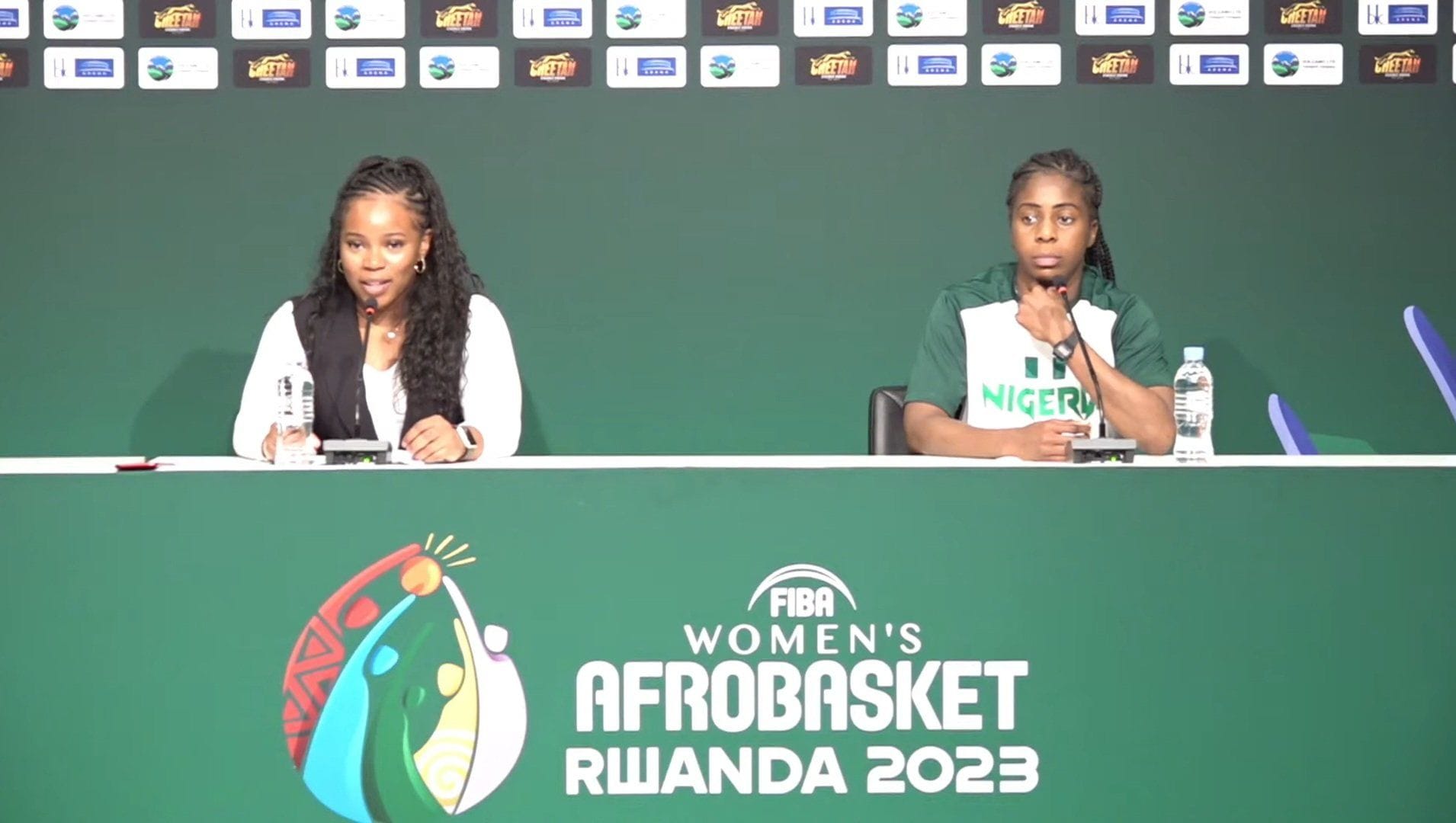 Ogoke and another woman answer questions at Afrobasket press conference