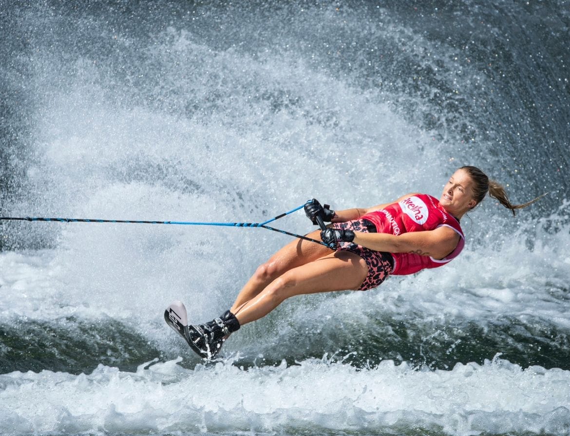 Elizabeth waterskiing at a competition