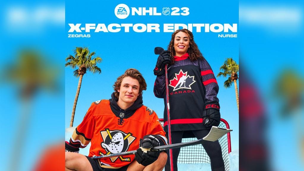 Sarah Nurse with Trevor Zegras against blue sky and palm trees with text "NHL 23 X-Factor Edition"