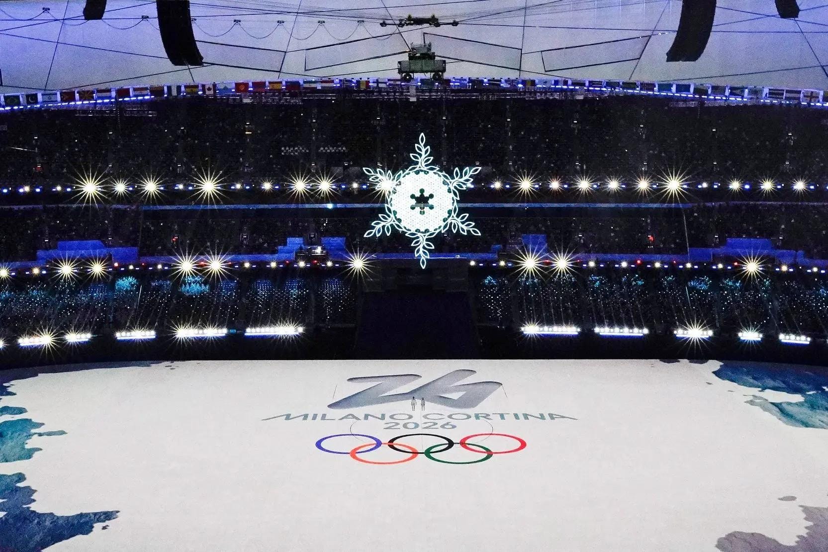 A general view during a presentation introducing the 2026 Milano-Cortina Winter Olympics during the closing ceremony for the Beijing 2022 Olympic Winter Games at Beijing National Stadium.